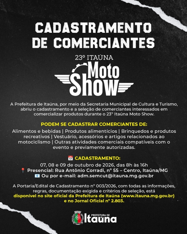 Itaúna abre inscrições para vendedores no Moto Show 2026 na Praça Celi